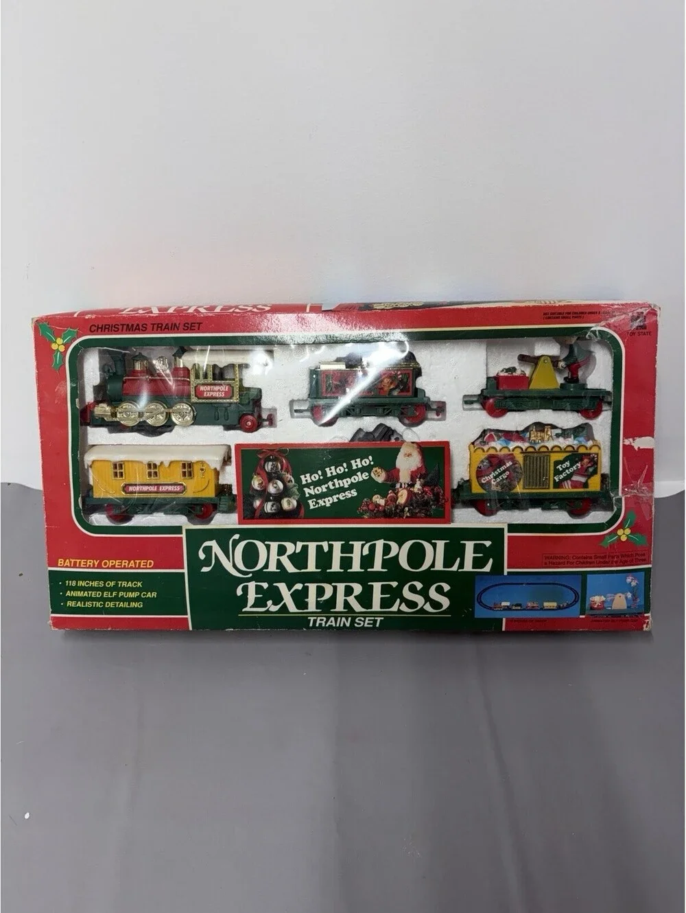 Vtg TRAIN SET NorthPole Express -Christmas Animated Elf Pump Car & 118” Of Track